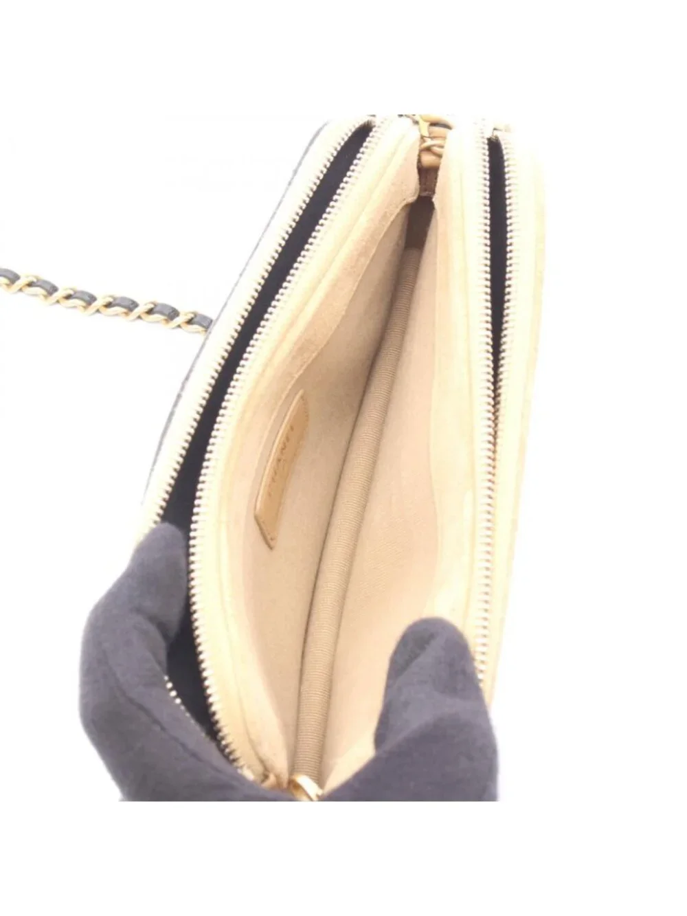 Chanel Shoulder Bag Quilted Phone Case Black Camel Lambskin Suede Chain Wallet